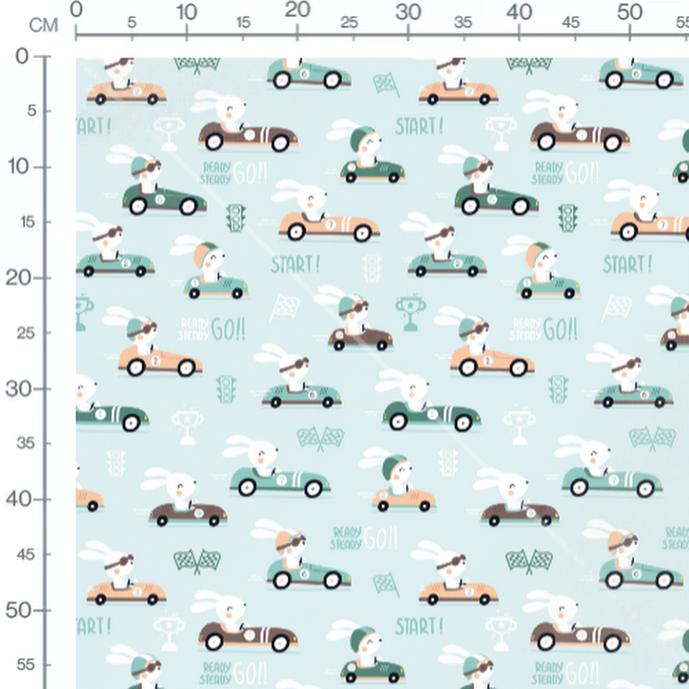 Tissu - Lapins en voitures colorées