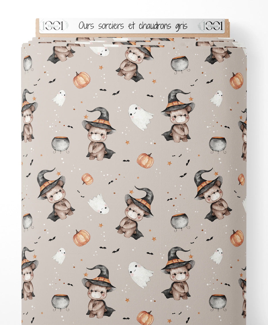 Tissu - Ours sorciers et chaudrons gris