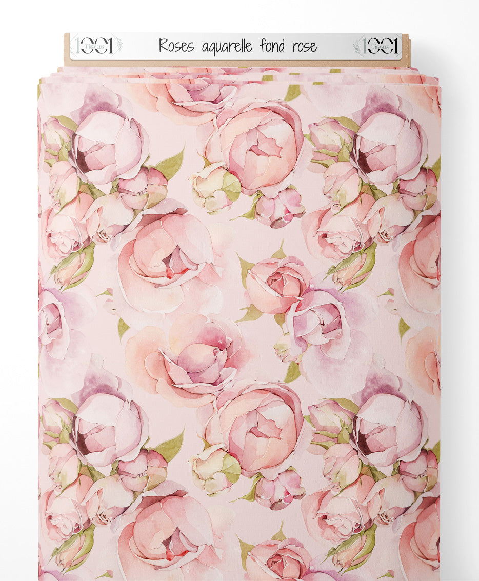 Tissu - Roses aquarelle fond rose