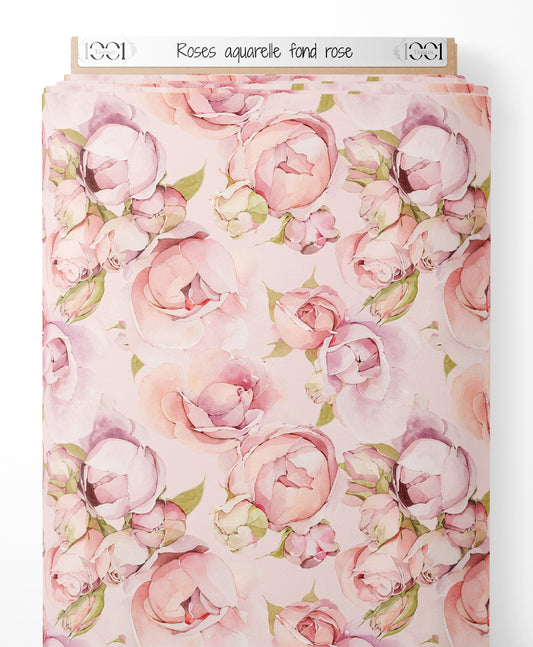 Tissu - Roses aquarelle fond rose