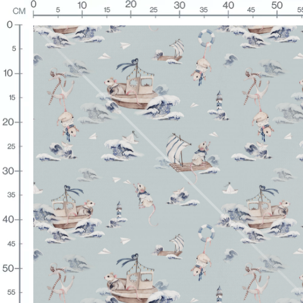 Tissu - Souris marins et vagues