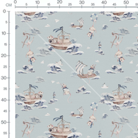 Tissu - Souris marins et vagues