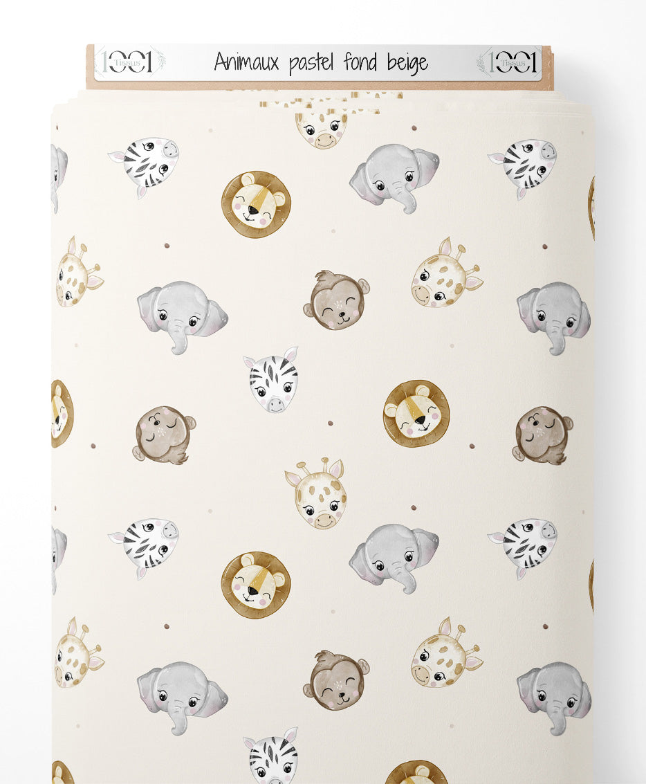 Tissu - Animaux pastel sur fond beige