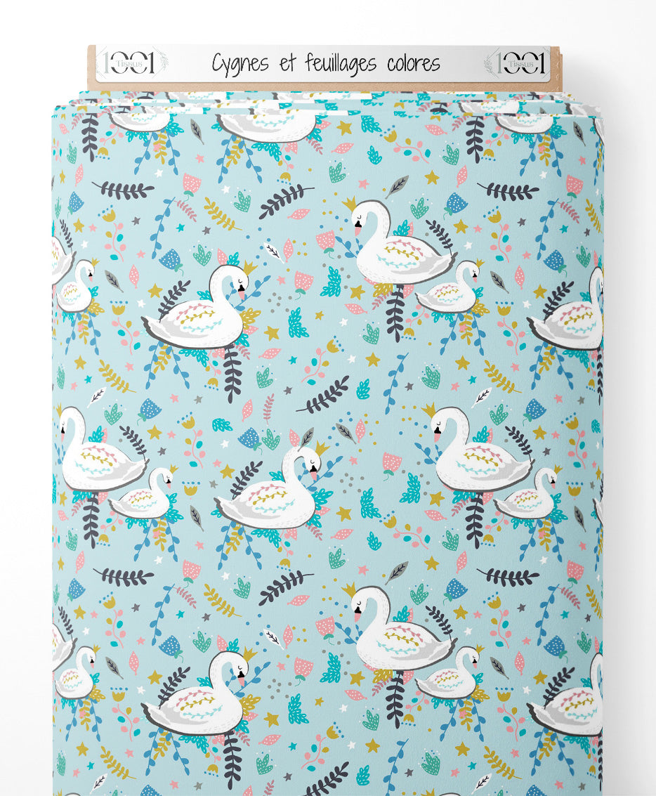 Tissu - Cygnes et feuillages colorés