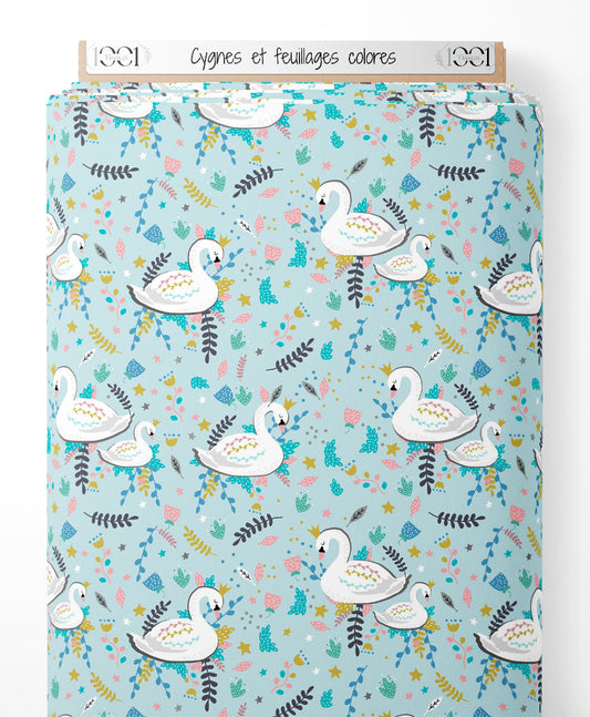 Tissu - Cygnes et feuillages colorés
