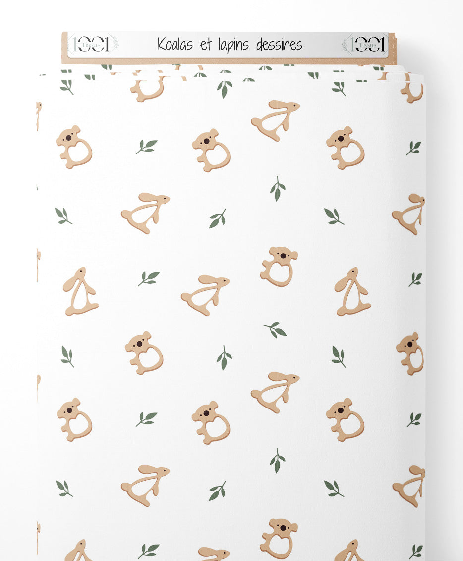 Tissu - Koalas et lapins dessinés