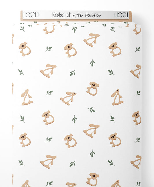 Tissu - Koalas et lapins dessinés