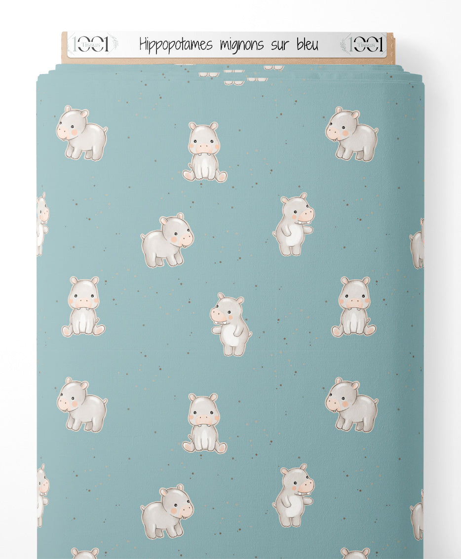 Tissu - Hippopotames mignons sur bleu