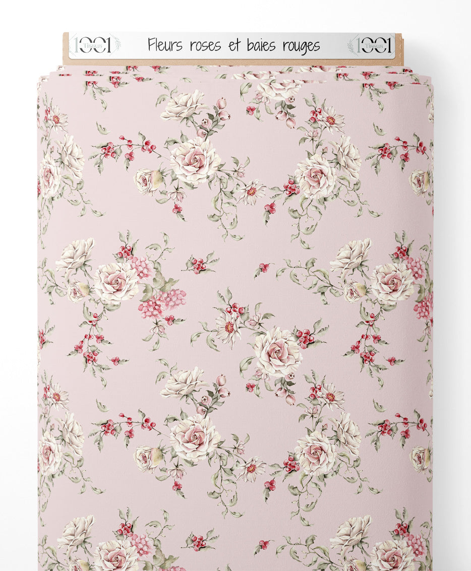 Tissu - Fleurs roses et baies rouges