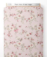 Tissu - Fleurs roses et baies rouges