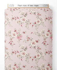 Tissu - Fleurs roses et baies rouges