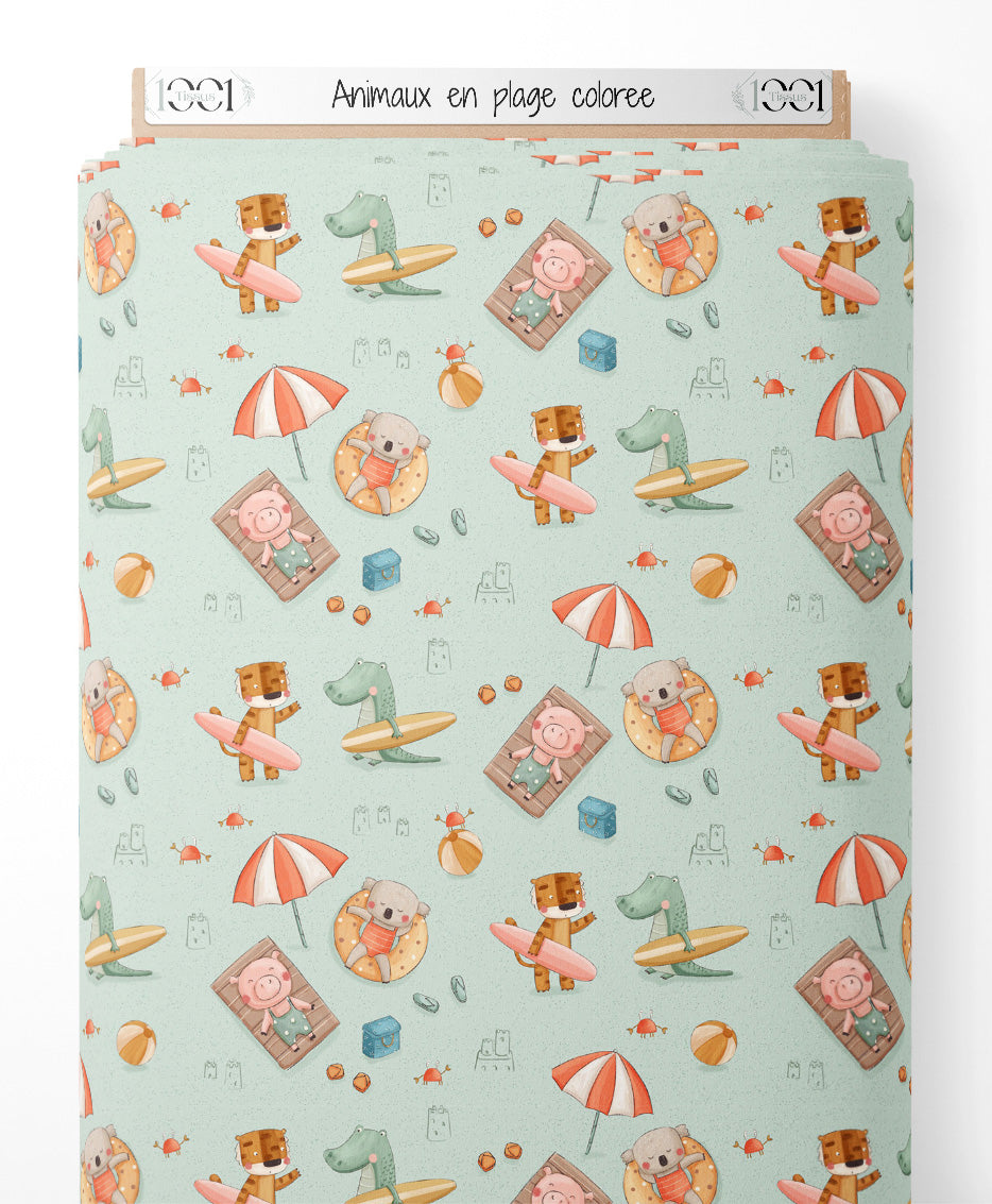 Tissu - Animaux en plage colorée