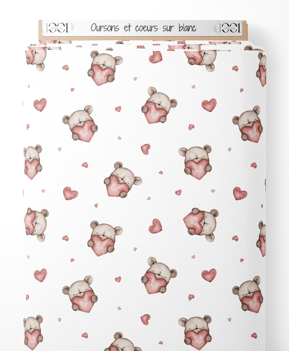 Tissu - Oursons et cœurs sur blanc