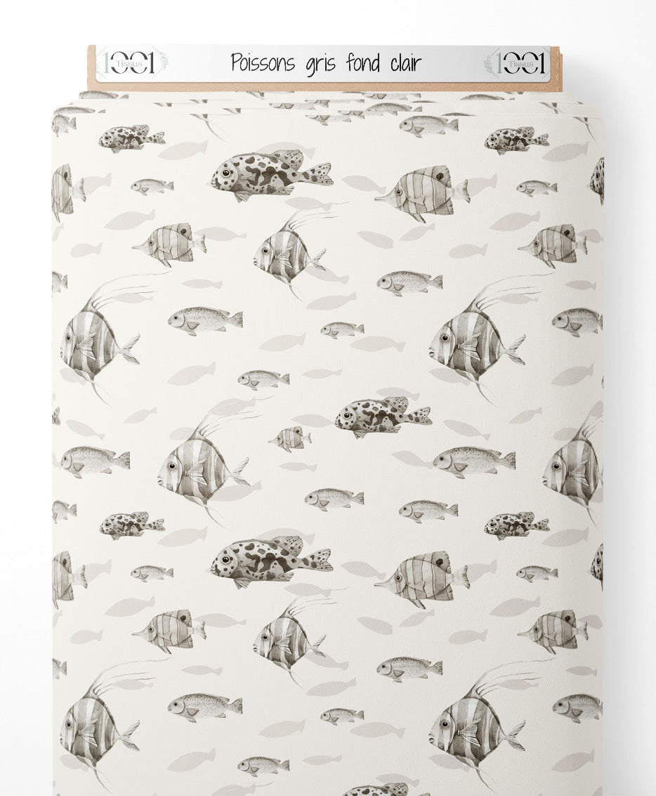 Tissu - Poissons gris sur fond clair