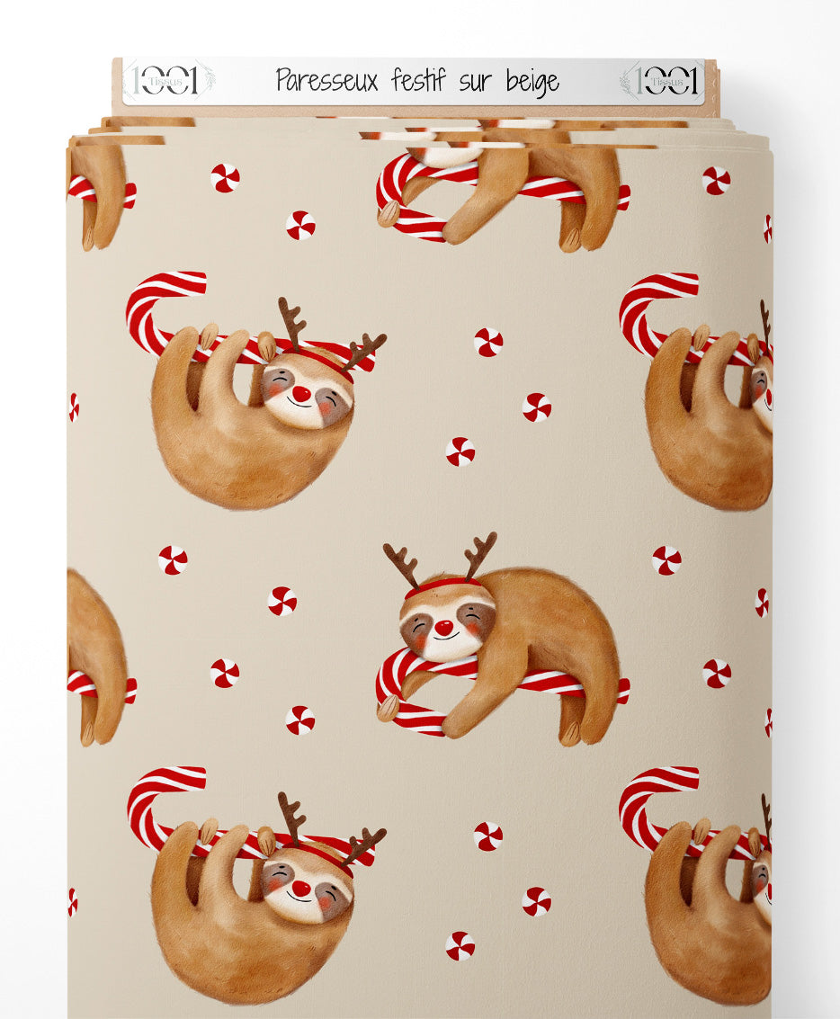Tissu - Paresseux festif sur beige
