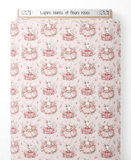 Tissu - Lapins blancs et fleurs roses