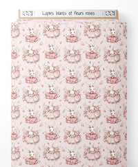 Tissu - Lapins blancs et fleurs roses