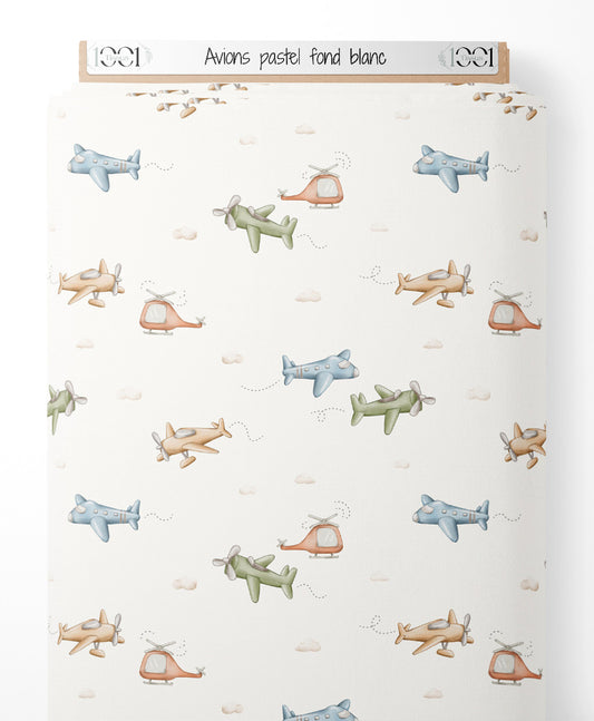 Tissu - Avions pastel sur fond blanc