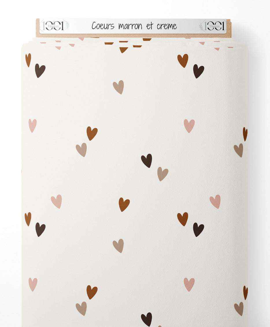 Tissu - Cœurs marron et crème