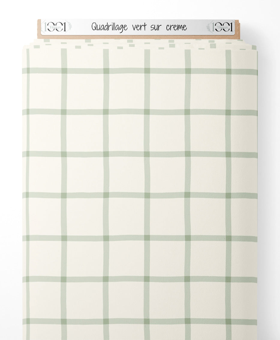 Tissu - Quadrillage vert sur crème