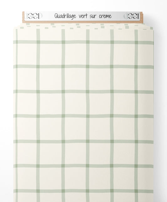 Tissu - Quadrillage vert sur crème