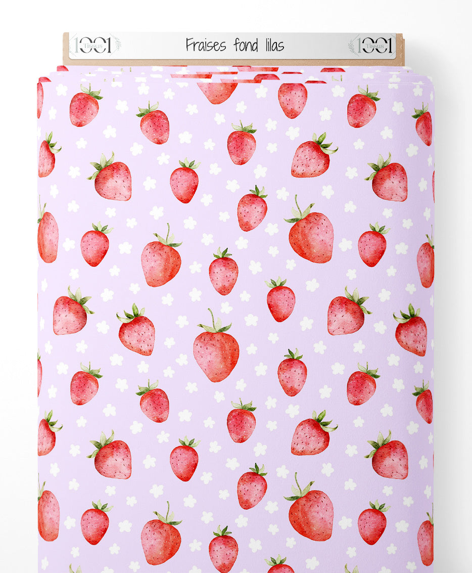 Tissu - Fraises sur fond lilas