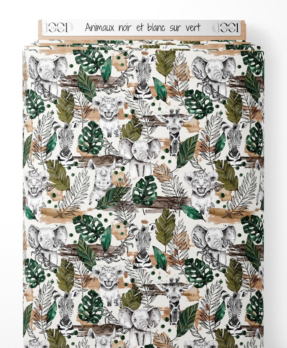 Tissu - Animaux noir et blanc sur vert