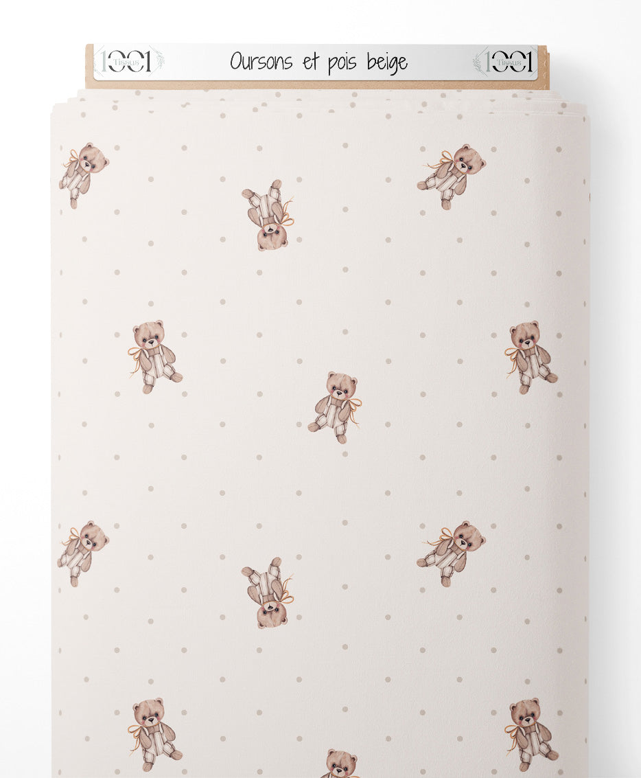 Tissu - Oursons et pois beige