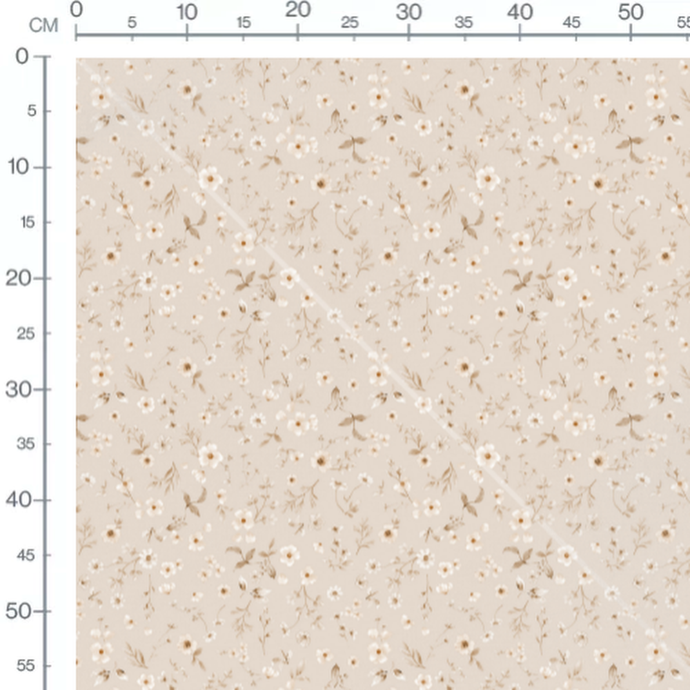 Tissu - Fleurs blanches et feuilles brunes 2