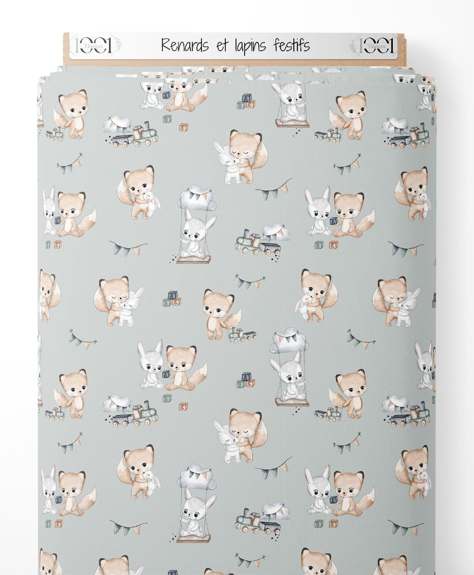 Tissu - Renards et lapins festifs