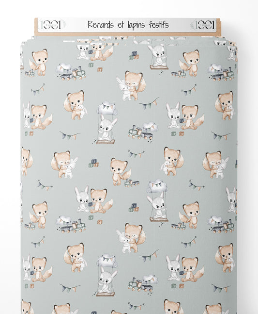 Tissu - Renards et lapins festifs