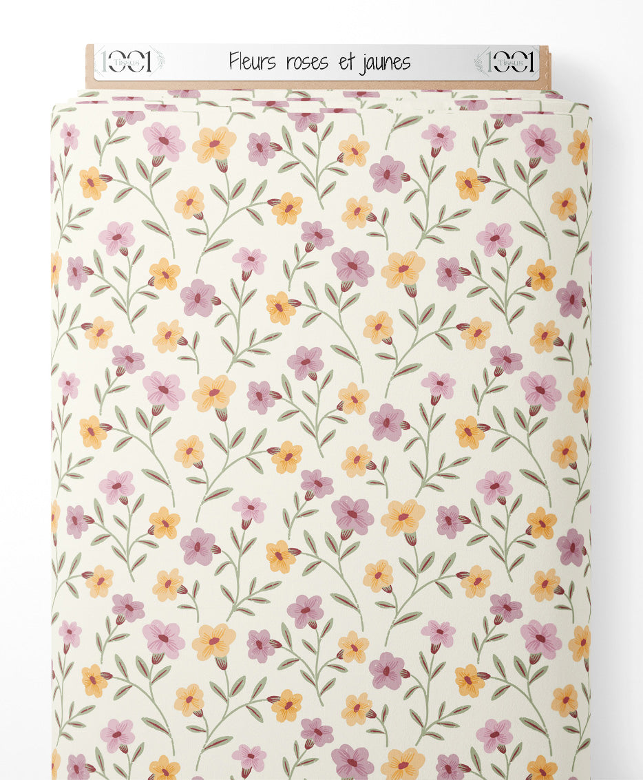 Tissu - Fleurs roses et jaunes