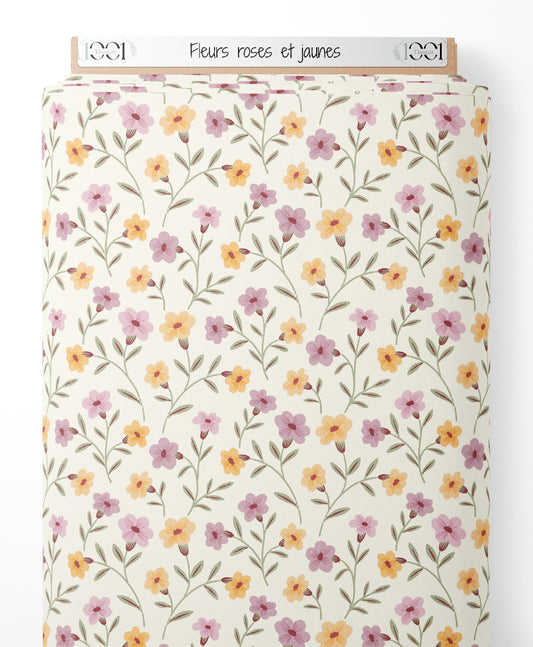 Tissu - Fleurs roses et jaunes