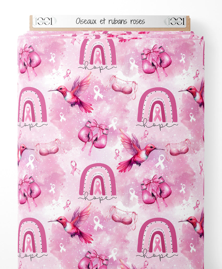 Tissu - Oiseaux et rubans roses