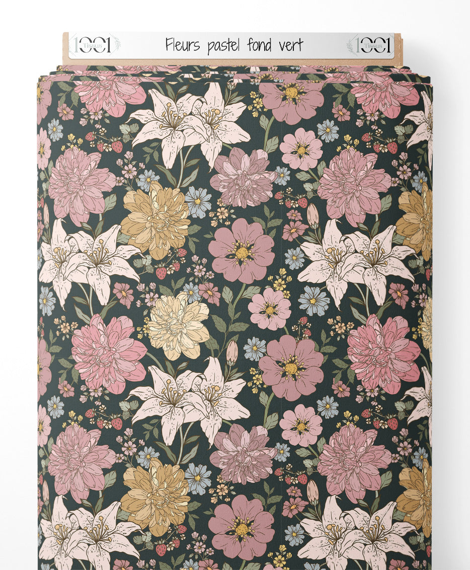Tissu - Fleurs pastel sur fond vert