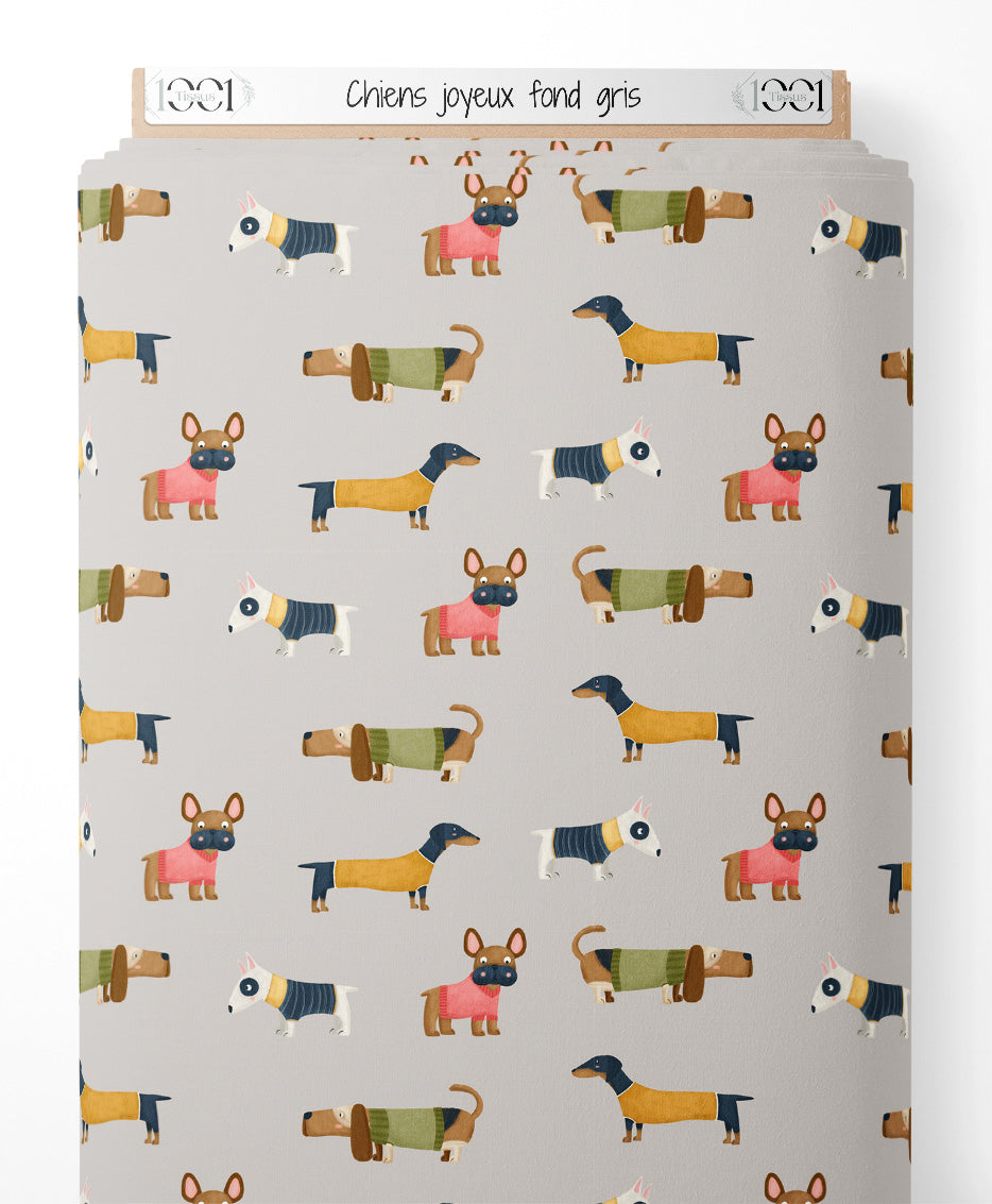 Tissu - Chiens joyeux sur fond gris