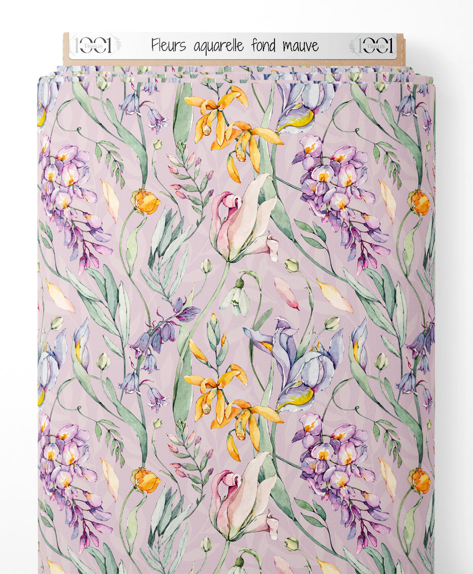 Tissu - Fleurs aquarelle fond mauve