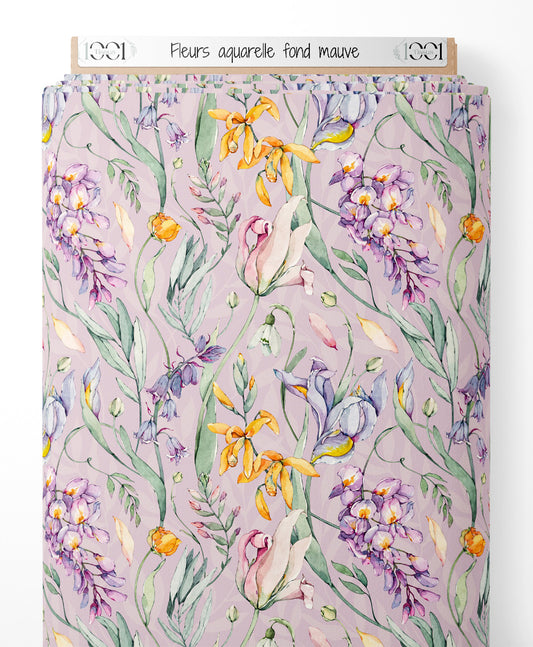 Tissu - Fleurs aquarelle fond mauve