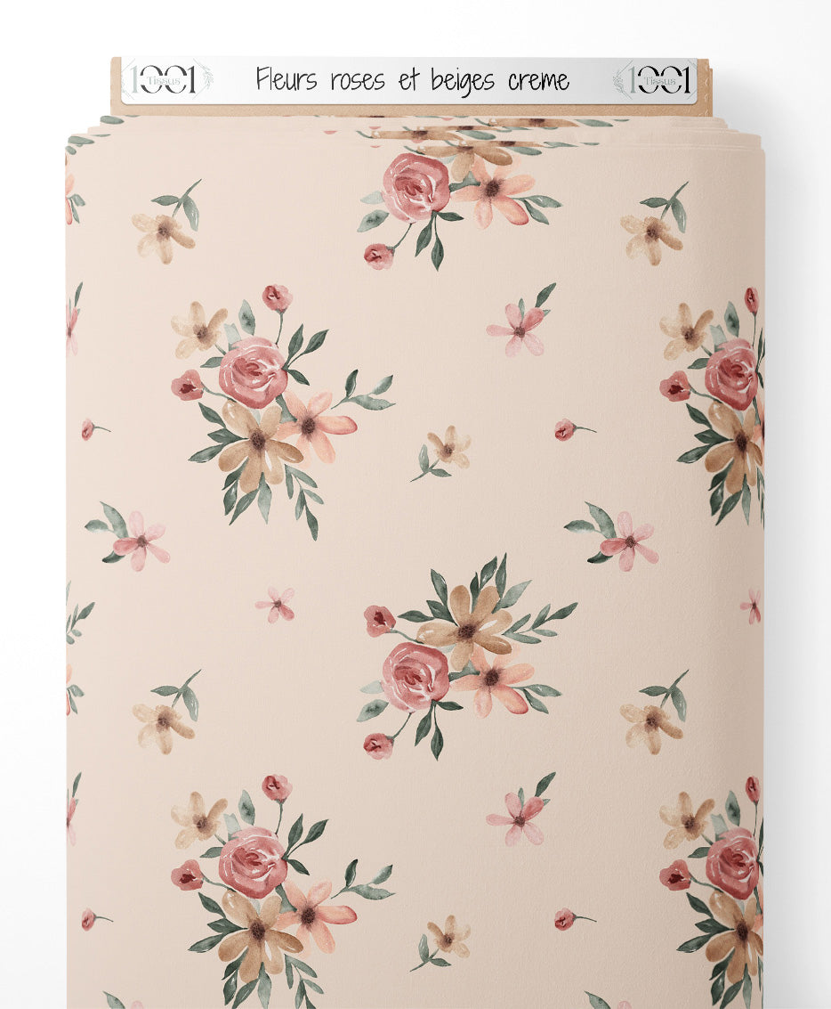 Tissu - Fleurs roses et beiges crème