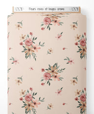 Tissu - Fleurs roses et beiges crème