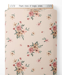 Tissu - Fleurs roses et beiges crème