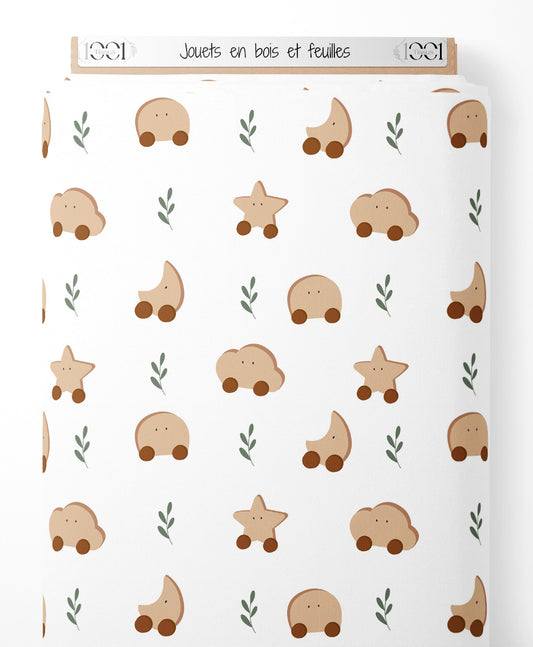 Tissu - Jouets en bois et feuilles