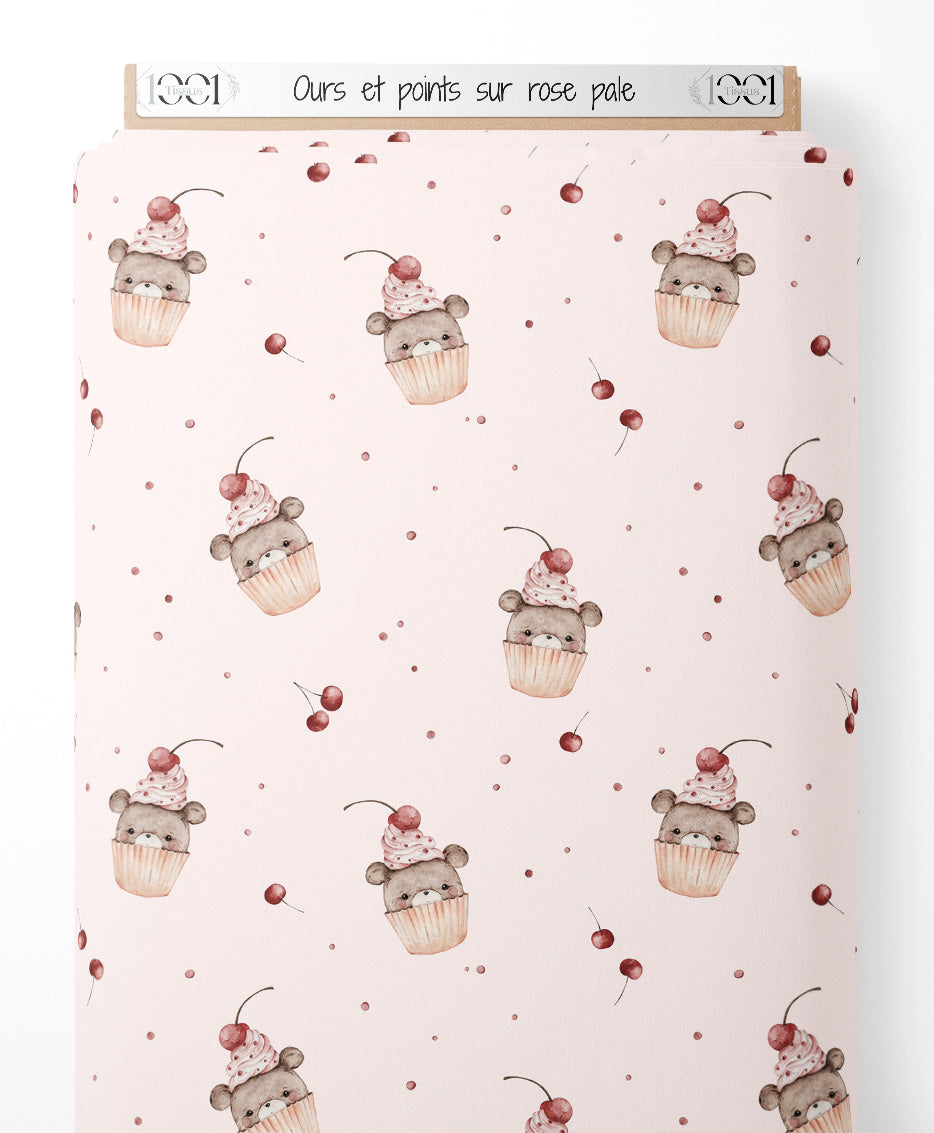 Tissu - Ours et points sur rose pâle