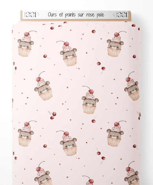 Tissu - Ours et points sur rose pâle