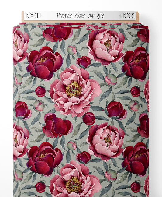 Tissu - Pivoines roses sur gris