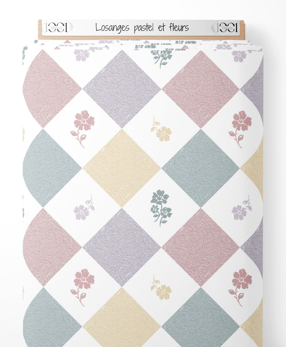 Tissu - Losanges pastel et fleurs