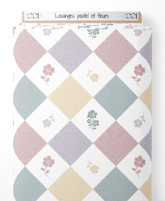 Tissu - Losanges pastel et fleurs