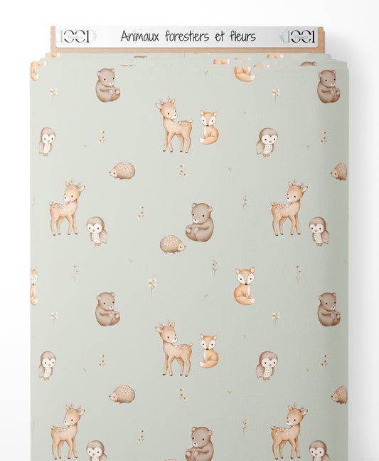 Tissu - Animaux forestiers et fleurs