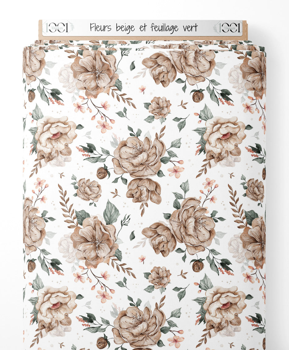 Tissu - Fleurs beige et feuillage vert