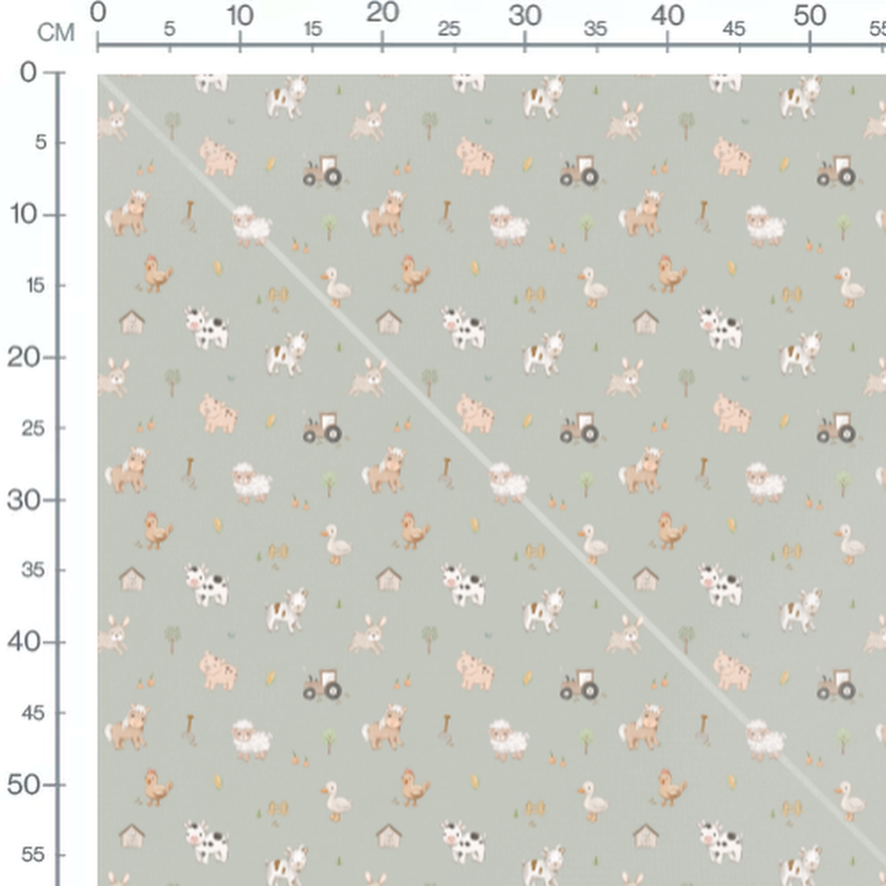 Tissu - Animaux de ferme sur fond vert